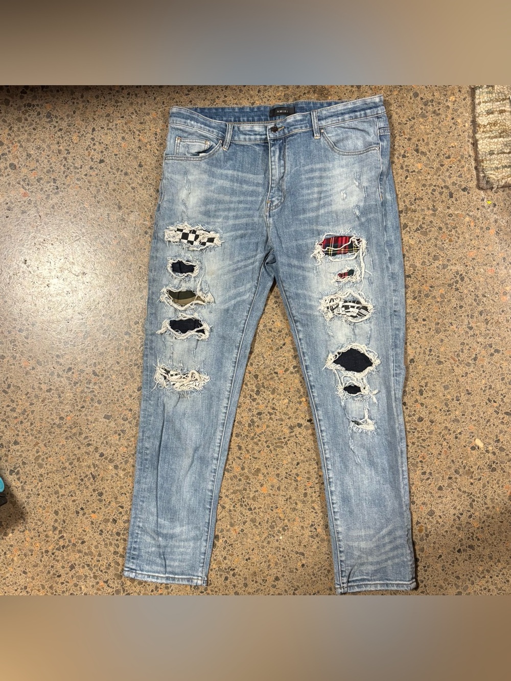 Amiri Distressed Pattern Patch Jeans (Waist 38) Light Wash, Skinny, Blue, Multi